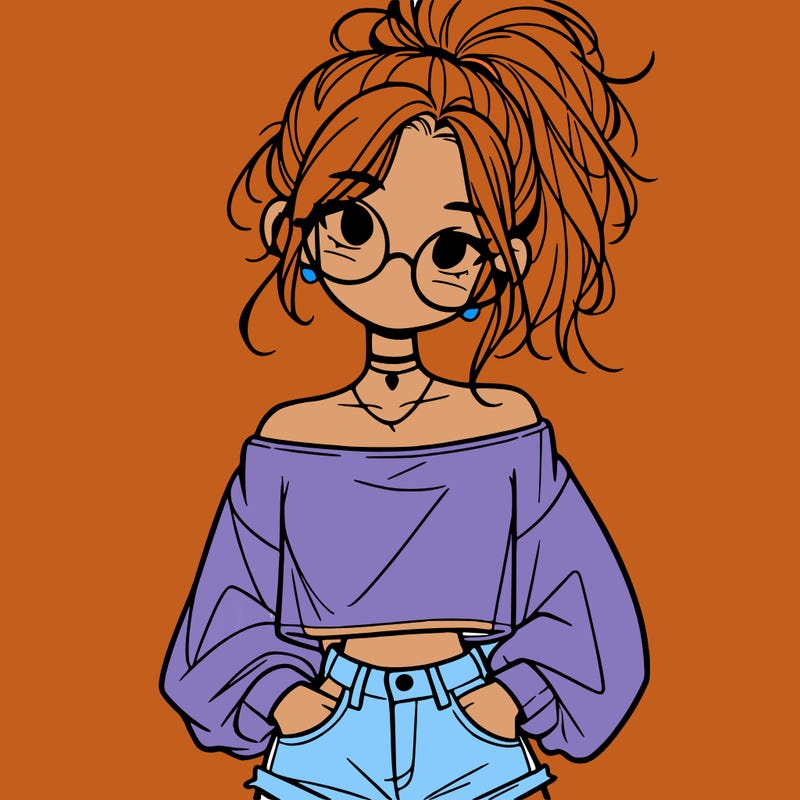 girl with a messy ponytail glasses a baggy crop top and jean shorts