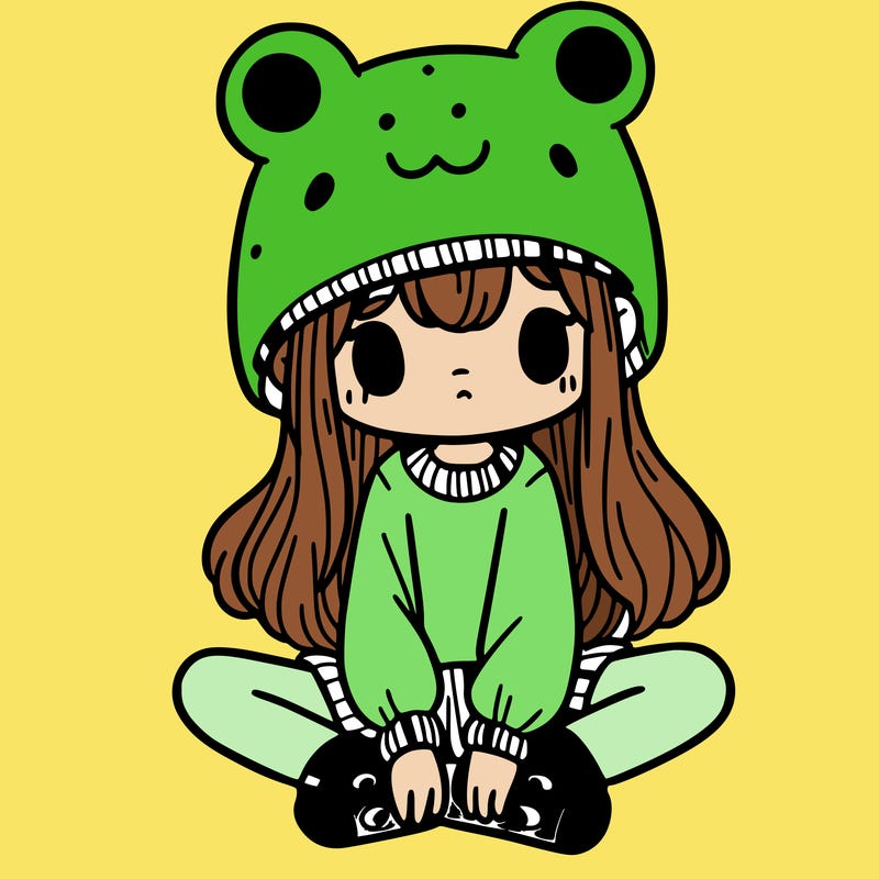 a girl wearing a frog hat and some frog socks