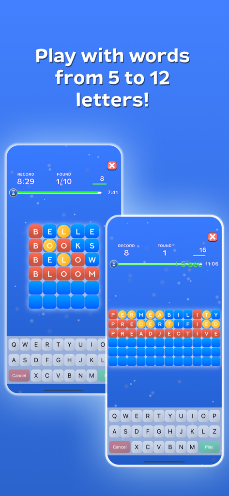 Play Motus app screenshots showing word game puzzles with 5 and 12 letter words and a QWERTY keyboard.