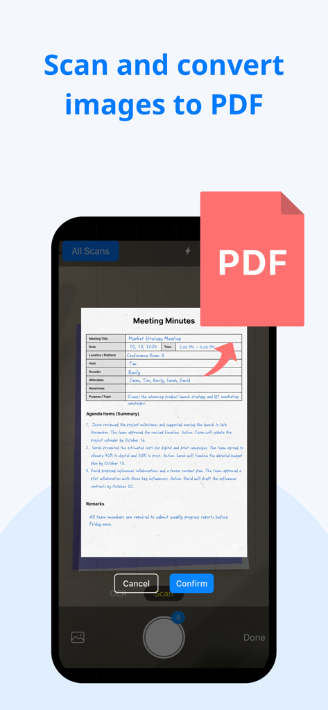 PDF Reader - Editor & Viewer - A smartphone interface demonstrating the feature to scan a paper document and convert it into a PDF file.