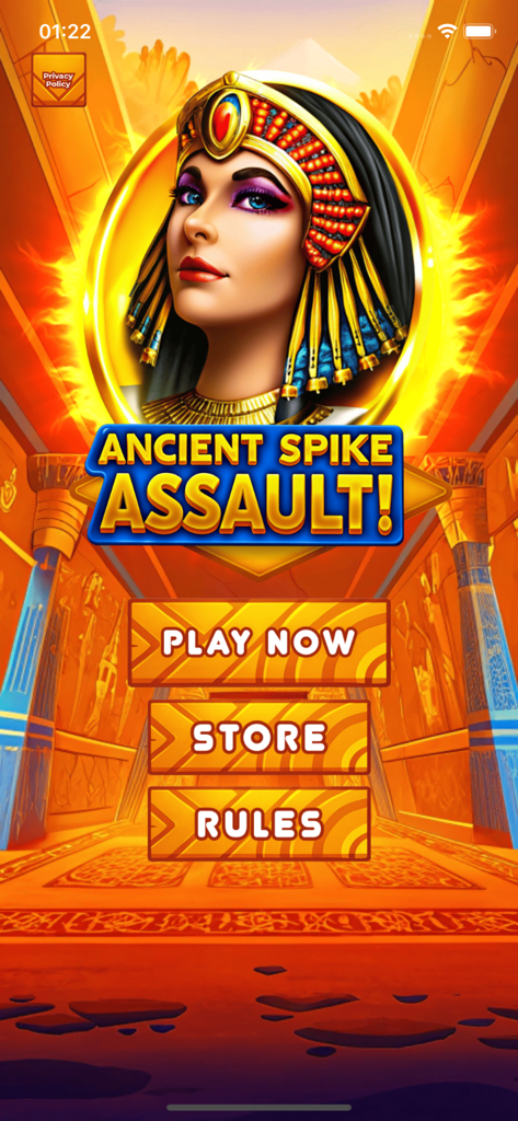 Ancient Spike Assault! - The main menu screen of Ancient Spike Assault featuring an Egyptian queen and navigation buttons.