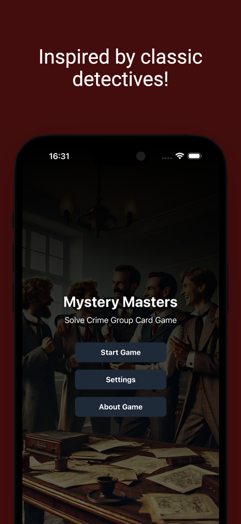 Mystery Masters card game home screen with start game button and vintage detective background