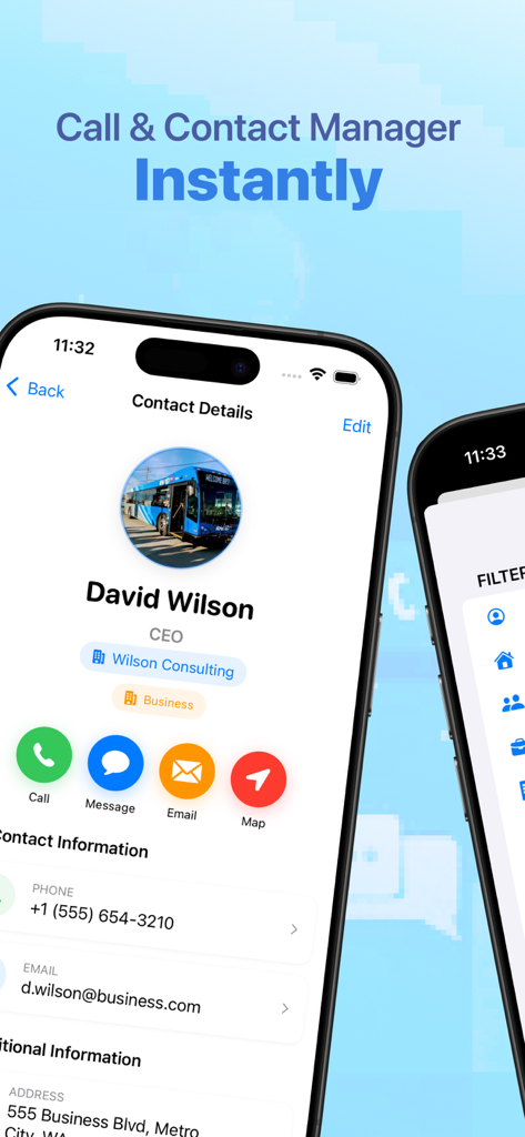 La aplicación New Contact plus muestra detalles de contacto profesionales, incluido el nombre de la empresa y botones de comunicación rápida