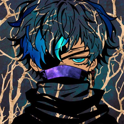 anime boy with scruffy hair a drooping earing and no mouth with an eyepatch and a neck covering shirt