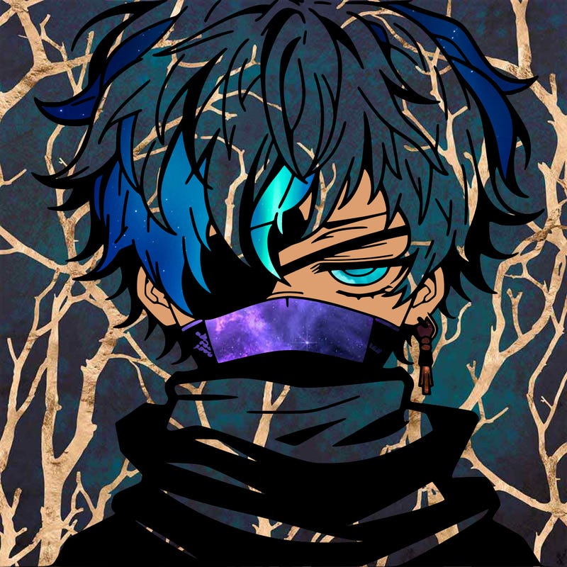 anime boy with scruffy hair a drooping earing and no mouth with an eyepatch and a neck covering shirt