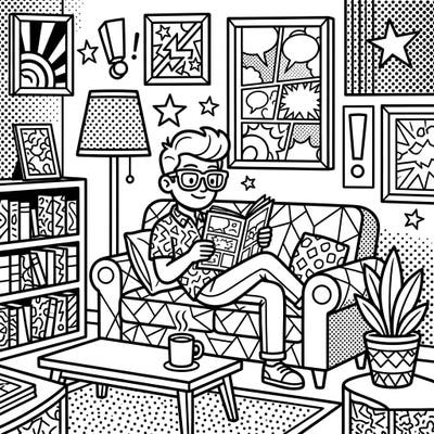 Step into a vibrant Pop Art interior scene, perfect for unleashing your creativity. This unique coloring page blends cozy home vibes with a dynamic comic book aesthetic.