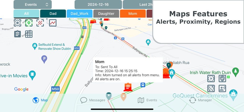 Be-Maps - Pantalla de la aplicación Be-Maps que muestra las ubicaciones de los miembros de la familia y alertas de seguridad en un mapa digital