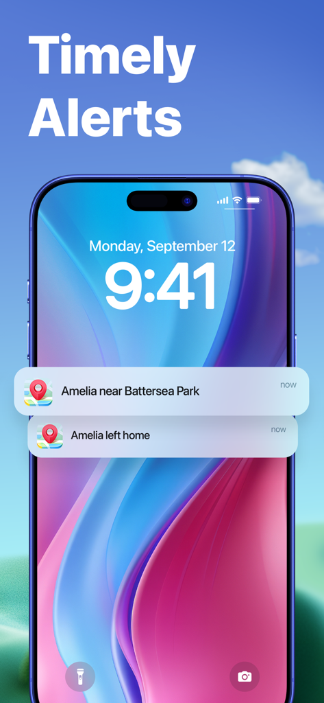 iPhone lock screen showing timely location notifications from the Findo tracker app