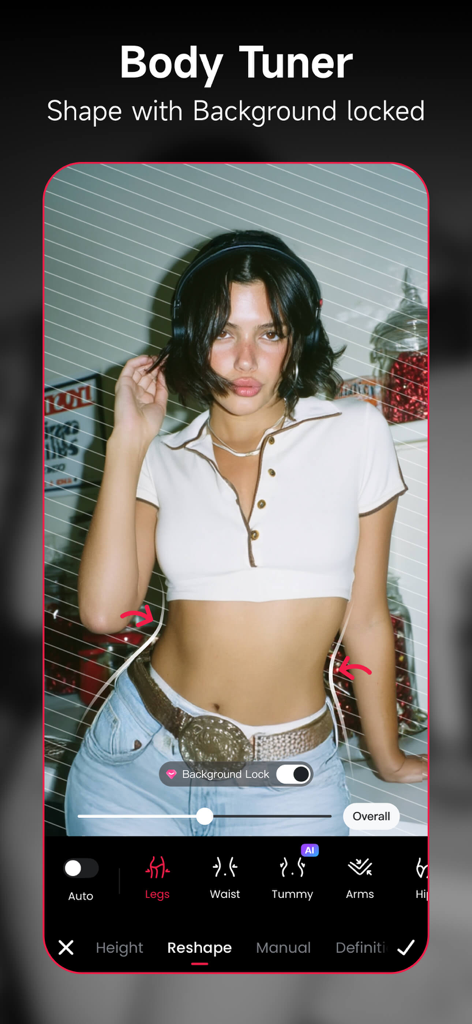 Meitu app Body Tuner interface showing the reshape and background lock options