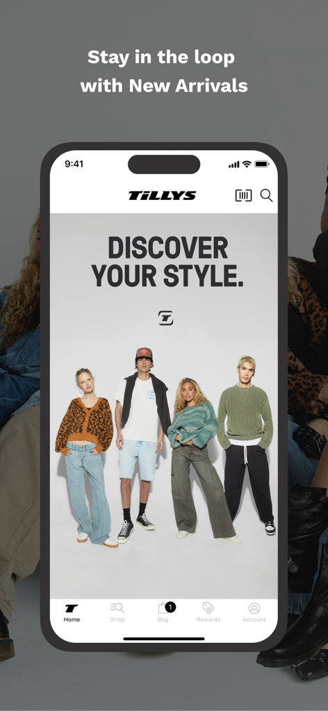 Tillys - Pantalla de inicio de la aplicación de compras Tillys que muestra la última moda urbana y las nuevas llegadas