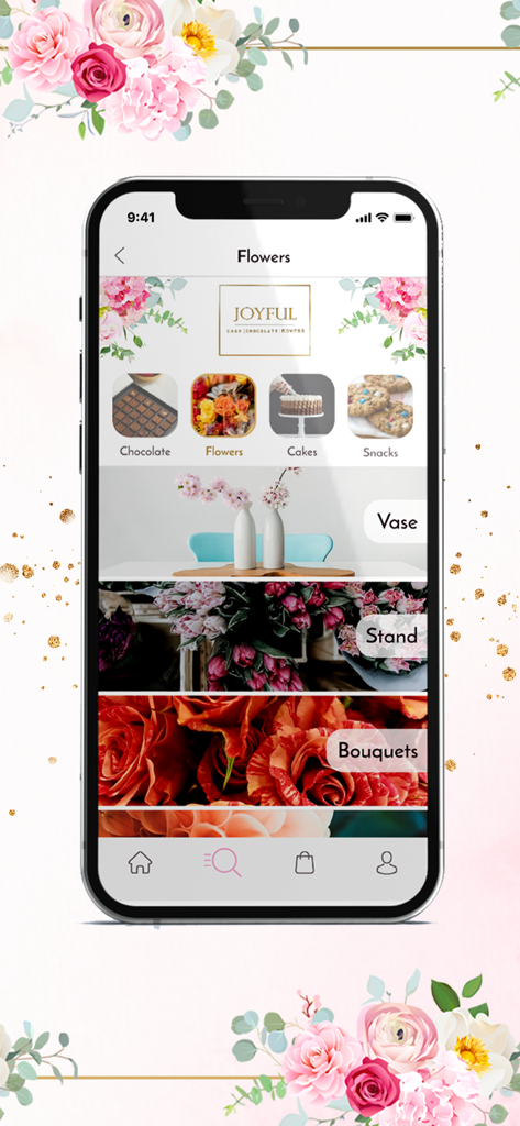 JOYFUL BOXES - Joyful Boxes mobile app interface showing various flower gift categories like bouquets, vases, and stands with options for chocolates and cakes.