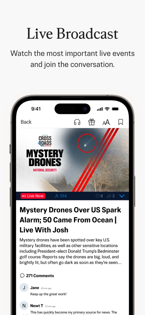Epoch Times: Live & Breaking - The Epoch Times app interface showing a live news broadcast about national security and mystery drones with a viewer comment section.