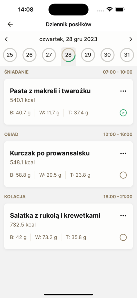 SylwetkaPro - SylwetkaPro app showing a daily meal diary with calorie and macronutrient tracking