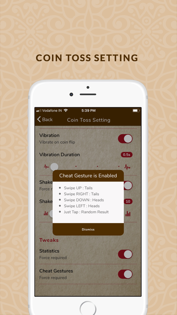 Pantalla de configuración de la aplicación Cara o Cruz mostrando una ventana emergente con instrucciones para los gestos de trampa