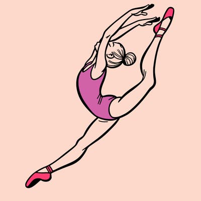 gymnast doing a leap in a leotard with a bent back leg