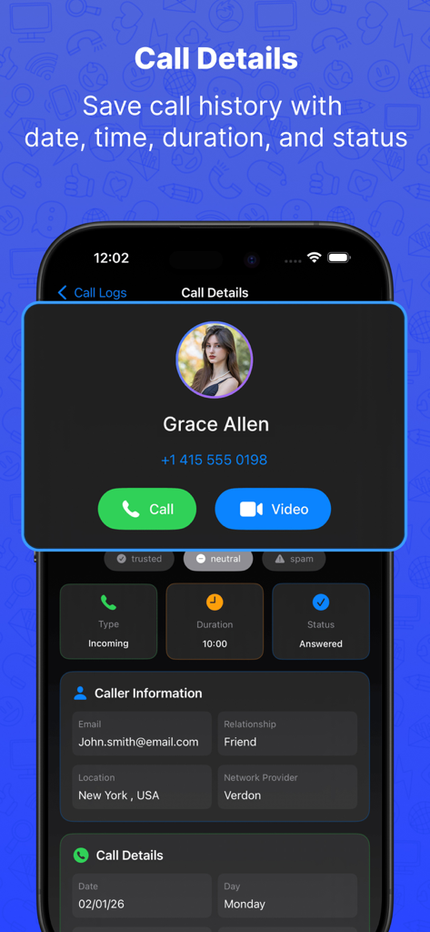 Schermata dell'app Who Called Plus che mostra informazioni dettagliate sulla cronologia chiamate per un contatto