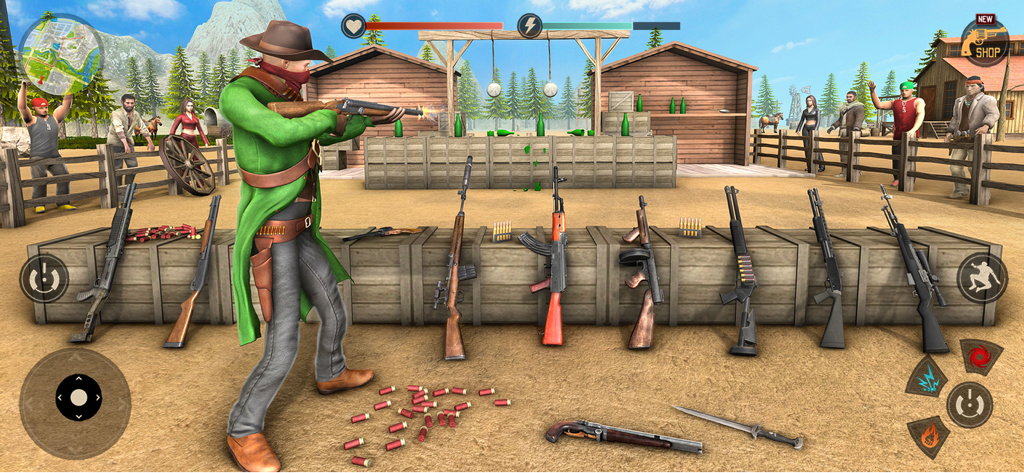 Wild West: Gunfighter Gangster - Gameplay of Wild West Gunfighter Gangster showing a character in a green coat at a shooting range with various weapons on display