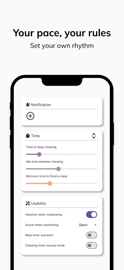Chewing Diet - Interface of the Chewing Diet app showing customizable settings for chewing duration, idle time, and swallowing vibrations.
