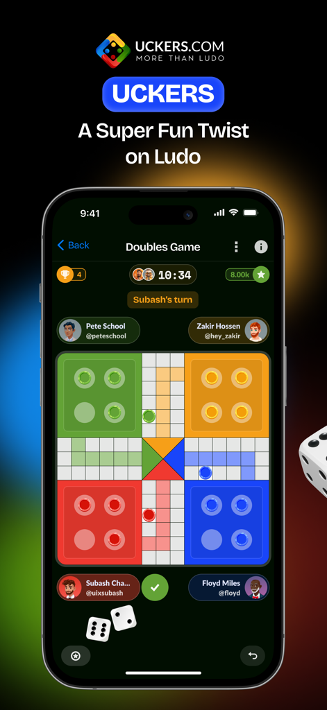 Uma tela de aplicativo móvel mostrando uma partida de duplas para quatro jogadores do jogo de tabuleiro Uckers
