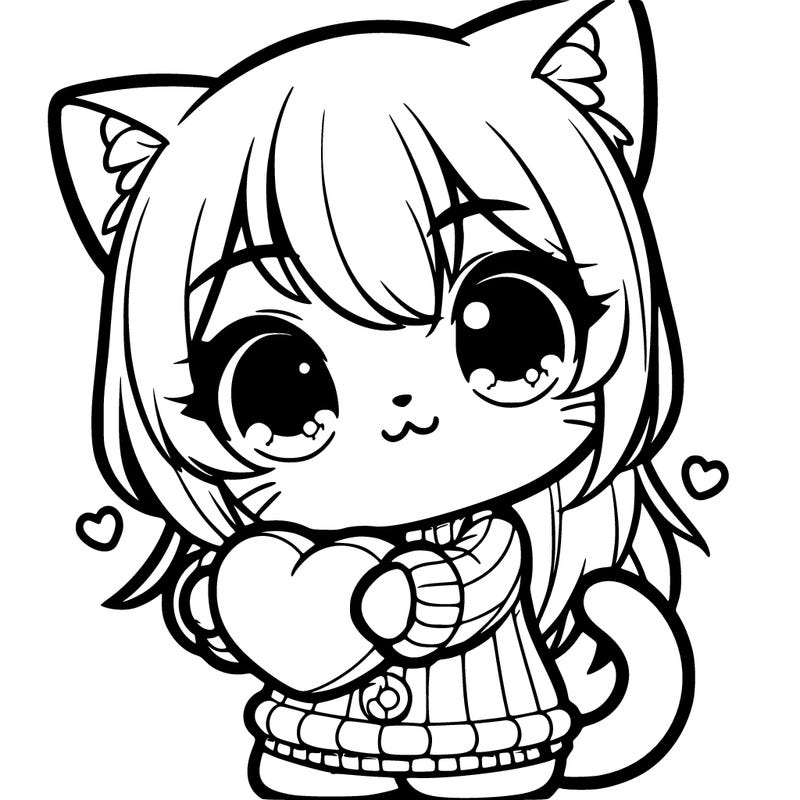 cute anime cat holding a heart