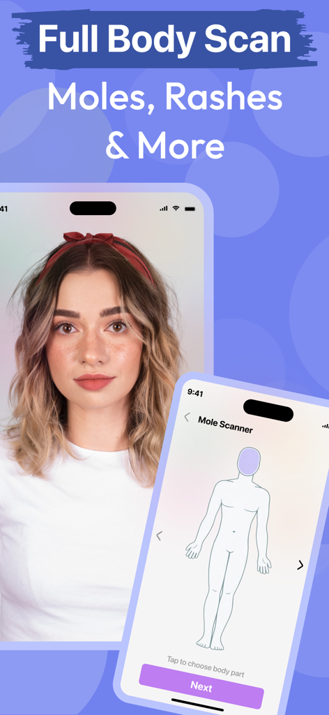 Mobile app interface showing a full body scan feature for identifying moles and rashes.