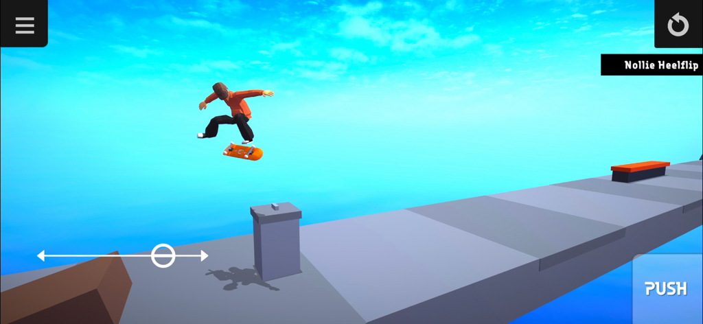 Skater Mobile - A character performing a nollie heelflip trick over a street obstacle in the Skater Mobile game