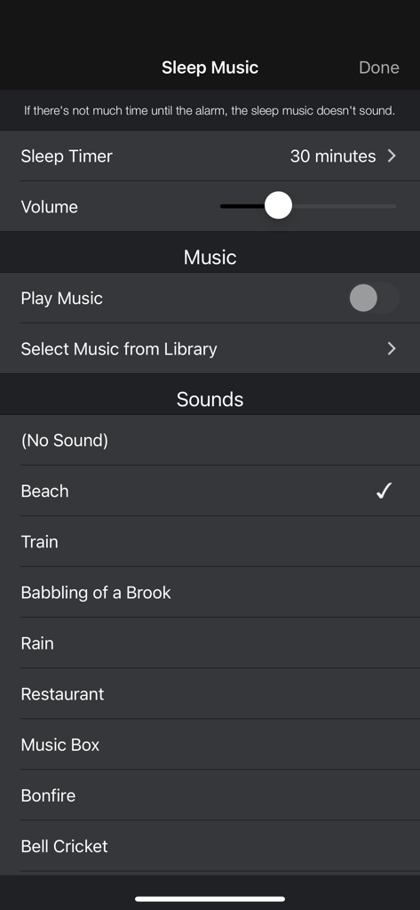 One Touch Alarm Clock - Sleep music settings screen showing options for nature sounds and a sleep timer