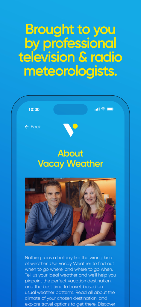 Vacay Weather - Pantalla Acerca de de la aplicación Vacay Weather que muestra los meteorólogos profesionales de televisión y radio que la crearon.