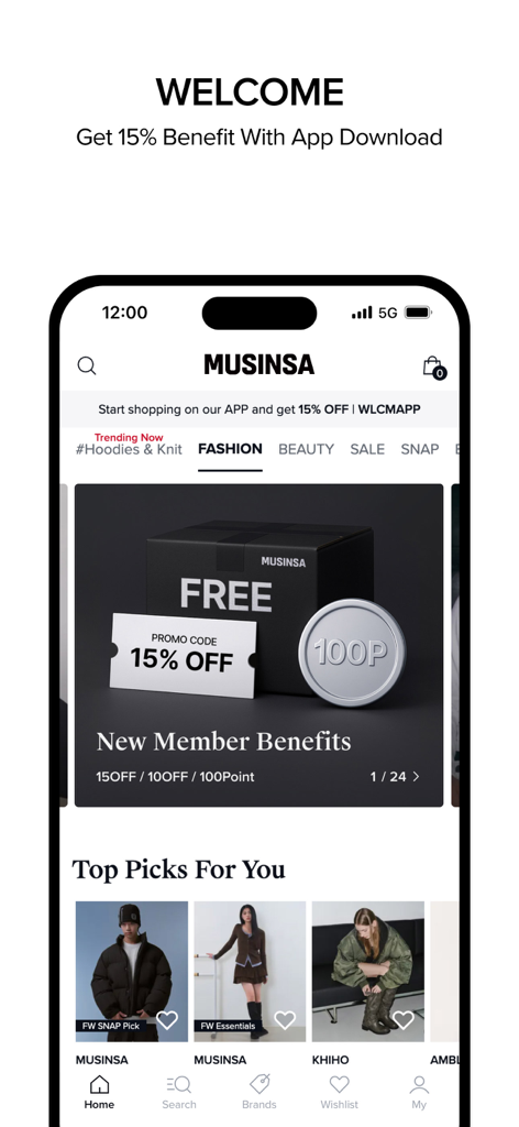 MUSINSA - K-Fashion & Style - Interface de l'application mobile MUSINSA montrant des remises pour les nouveaux membres et des tenues de mode coréenne sélectionnées