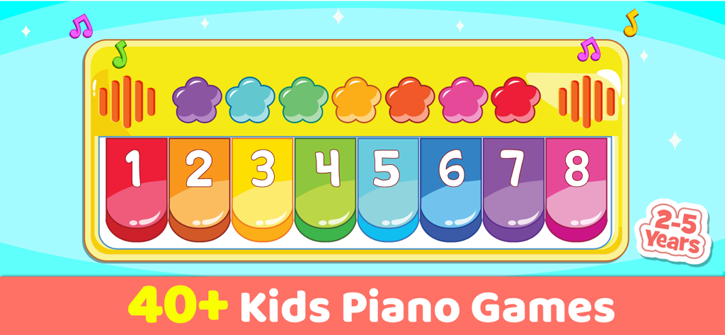 Colorful toy piano interface with numbered keys for kids music learning