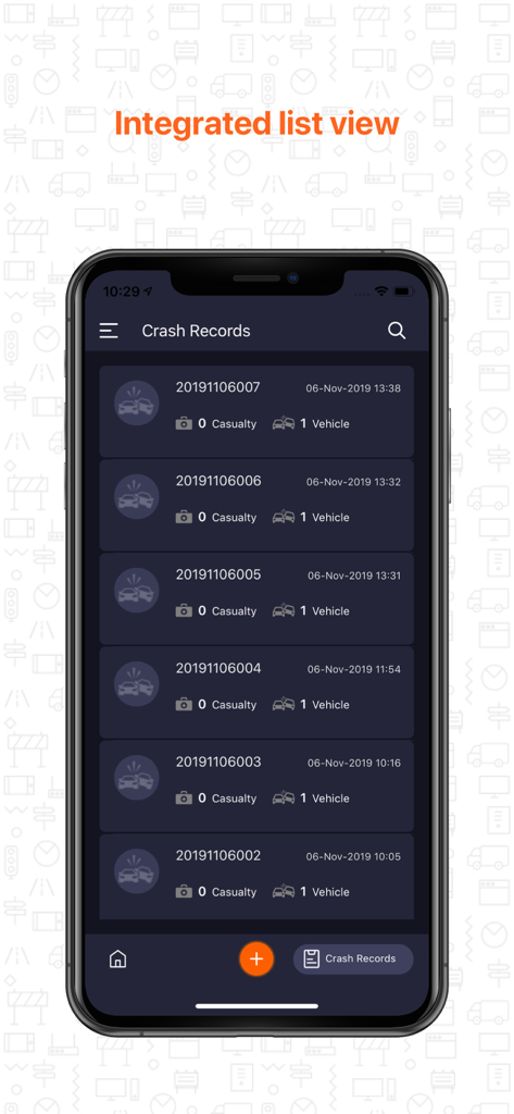 Visualização de lista integrada de registros de acidentes rodoviários no aplicativo móvel iMAAP mostrando datas e dados de vítimas