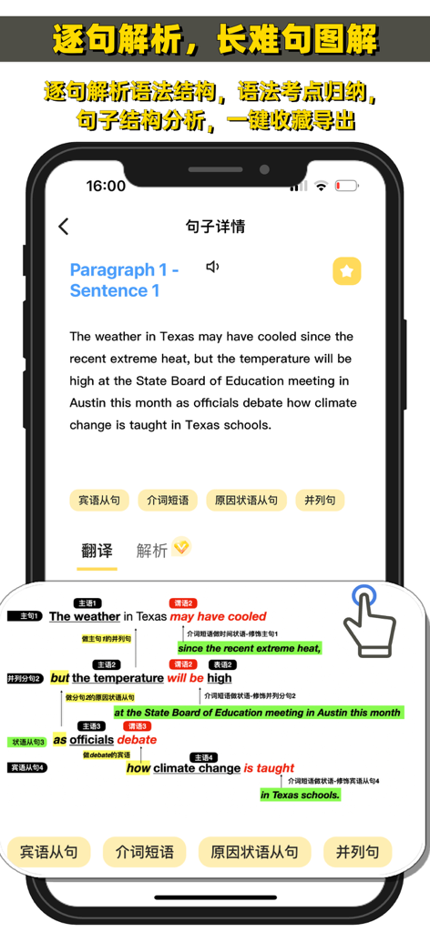 A screen from the Zhenti Companion app showing a detailed grammatical breakdown and diagramming of a complex English sentence for exam preparation.