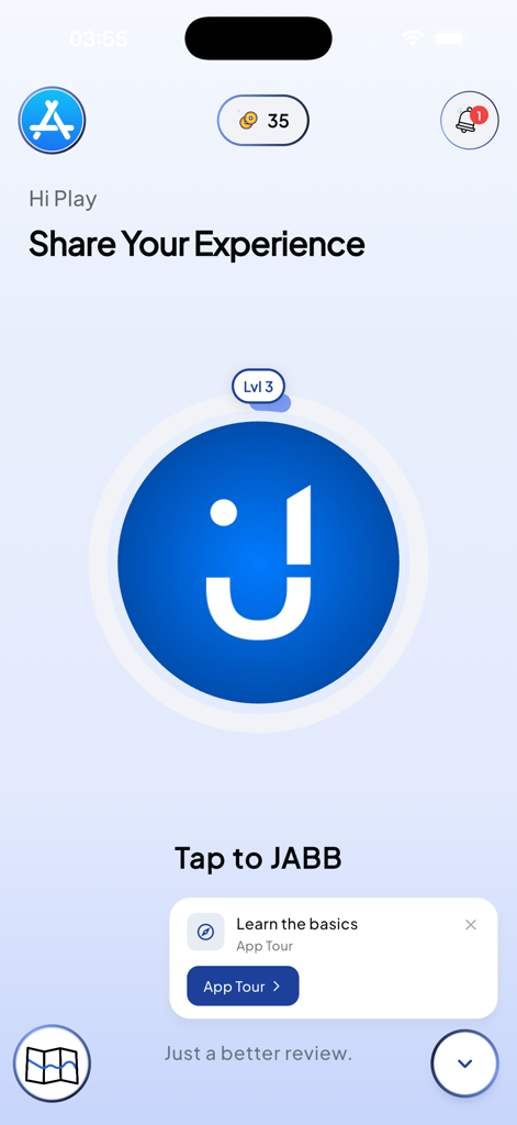 JABB Mobile - JABB Mobile home screen showing user level 3 badge rewards balance and tap to JABB button for mystery shopping