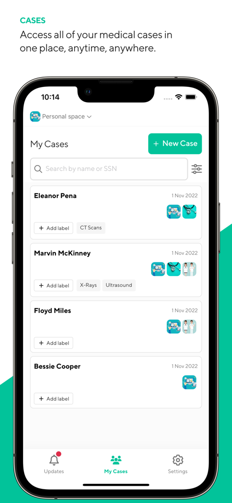 Medicai mobile app interface showing a list of patient medical cases including CT scans and X-rays.