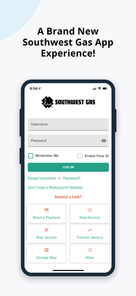 Southwest Gas - Southwest Gas mobile app login screen with quick access buttons for payments and services