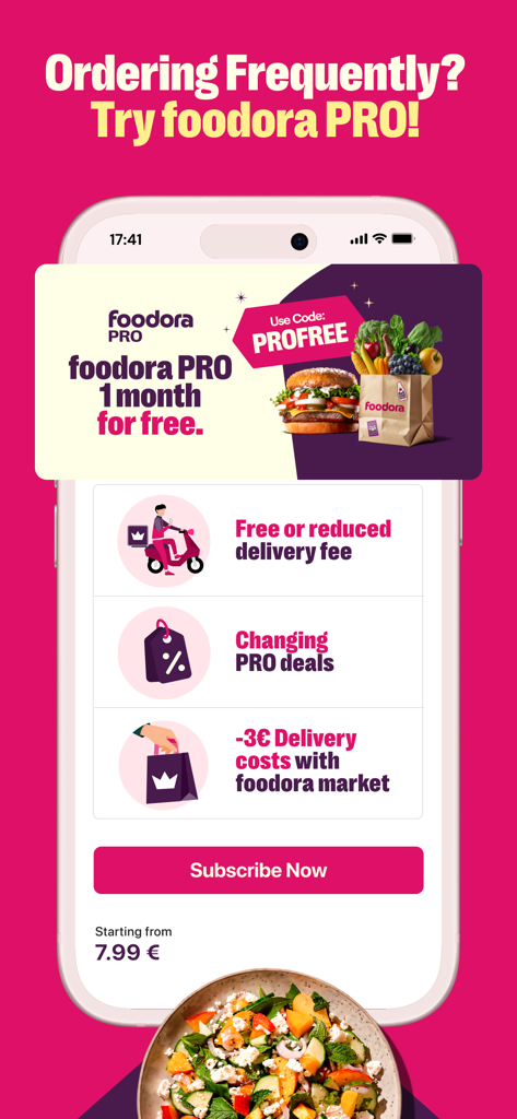 foodora AT: Food & Groceries - foodora PRO subscription benefits including free delivery and discount deals