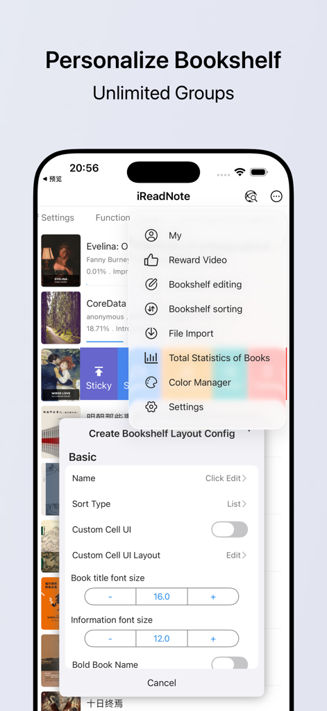 iReadNote - Interfaz móvil de iReadNote para personalizar el diseño de la estantería y la configuración de fuentes