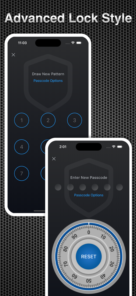 App Secret Pro - Estilos de bloqueio avançados no App Secret Pro com uma grade de padrão de pontos e um seletor de cofre de combinação para segurança móvel.