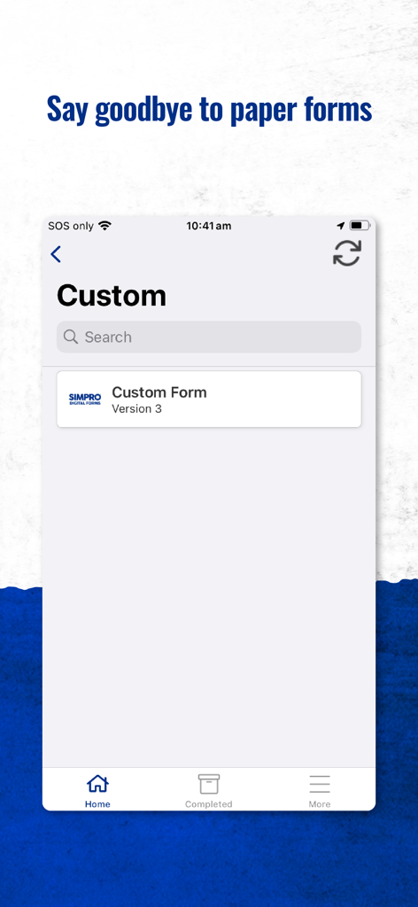 Simpro Digital Forms - Simpro Digital Forms app display showing the custom forms list interface.