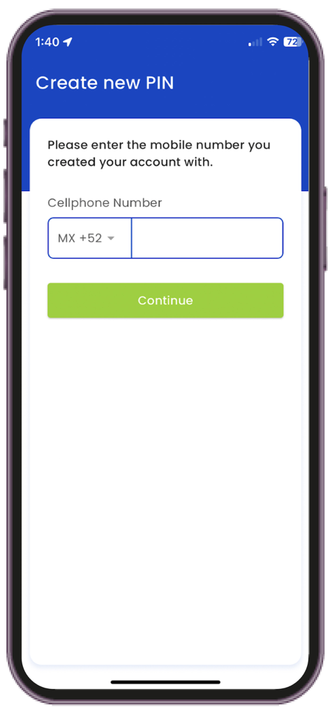 Screen in the Maxi Money Status app for creating a new PIN using a cellphone number.