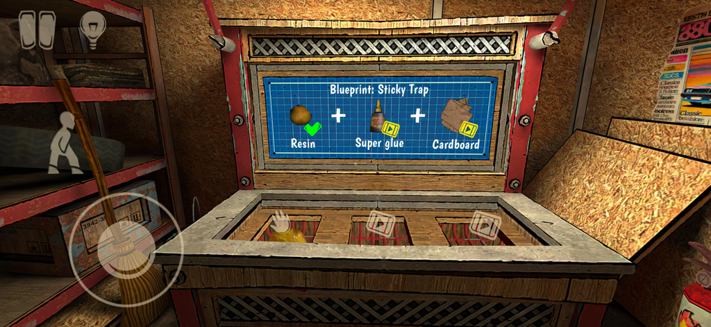 Horror Tale 3: The Witch - Una estación de crafteo en el juego Horror Tale 3 mostrando un plano para una trampa pegajosa hecha de resina, super pegamento y cartón.