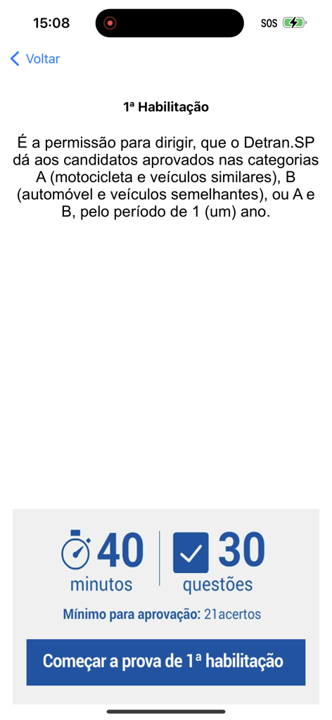 Simulado Detran.SP - Interface of the Detran.SP app showing rules and the start button for the first driver's license simulation exam.