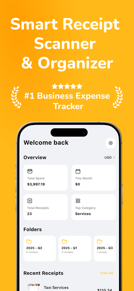 Receipto: Tax Receipt Scanner - Receipto app dashboard showing business expense overview and organized folders