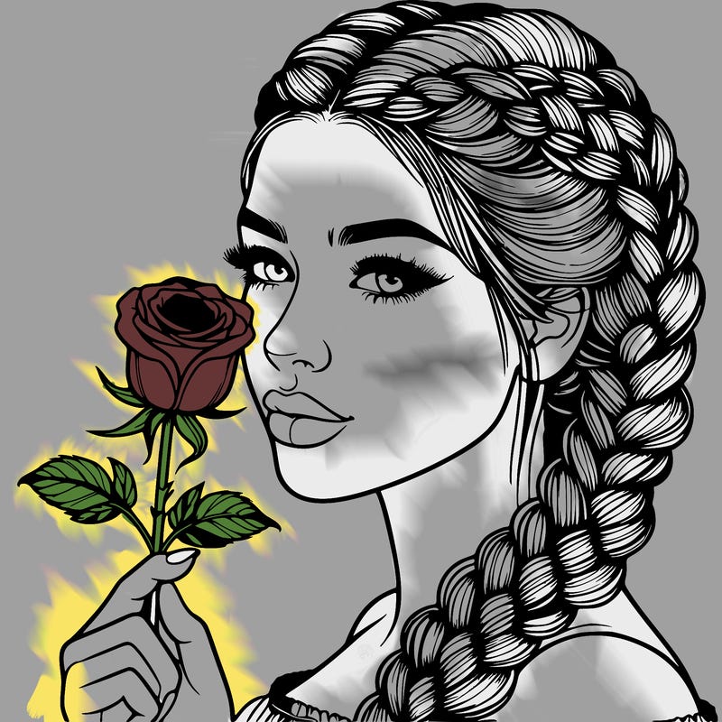realistic woman with braids holding a single rose