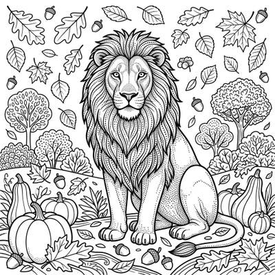 Unleash your creativity with this stunning dot work lion coloring page, set against a rich autumn backdrop. Immerse yourself in a fall harvest scene, complete with pumpkins, acorns, and a flurry of falling leaves.