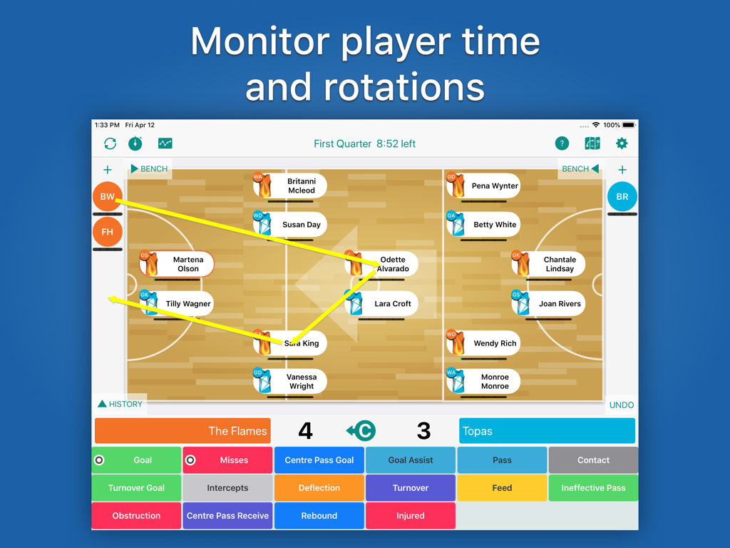 Great Coach Netball - Great Coach Netball app interface showing player positions and rotation tracking on a court layout with game statistics