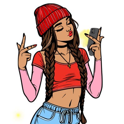 realistic teenage girl with braids and a beanie and crop top doing 🫶🏼
