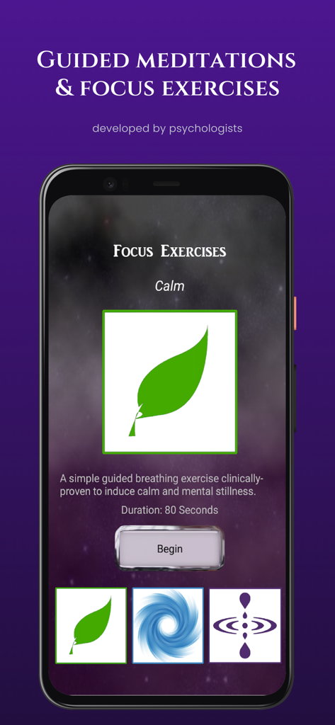 Screenshot of the Are You Psychic app showing guided meditations and focus exercises developed by psychologists including a breathing exercise for calm