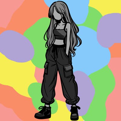 girl in baggy pants crop top and long hair