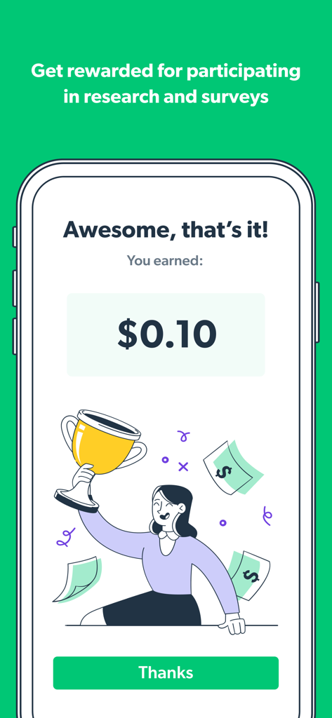 A mobile screen showing a ten cent reward for completing a survey in the Bright Rewards app.